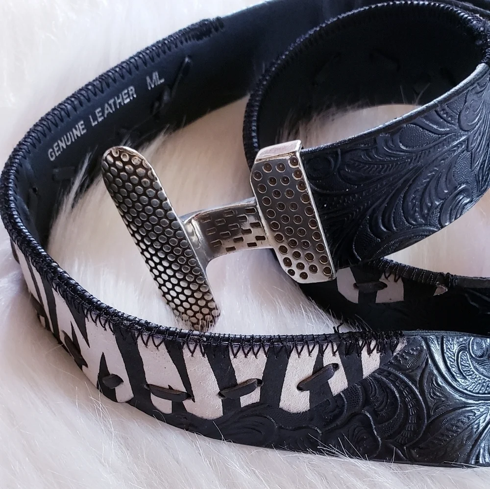 Genuine Leather Zebra Pattern Western Belt Silver
